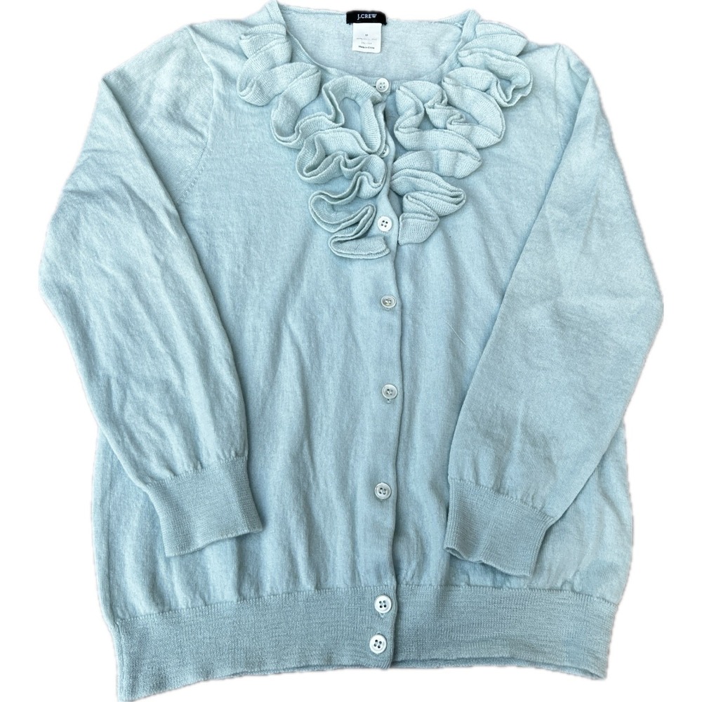 J.Crew Ruffle Cardigan Sweater Merino Wool S Fitted Women Seafoam Button Front - Picture 1 of 9